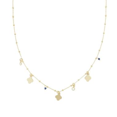 Collana Catena Forzatina e Palline con Quadrifogli plain pendenti Cubic Zirconia Bianchi e Crystal Blu in ARGENTO 925 Galvanica Oro