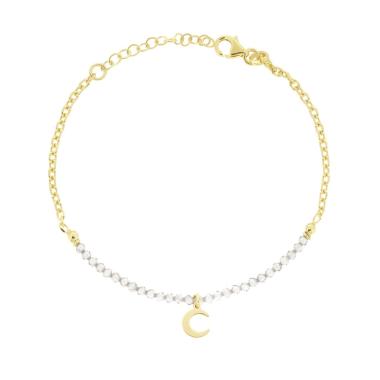 Bracciale Catena Forzatina Diamanta con Luna plain pendente e Crystal Bianchi in ARGENTO 925 Galvanica Oro