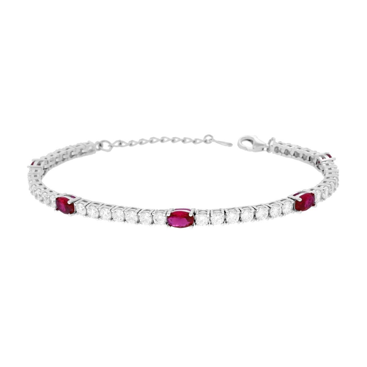 Bracciale Tennis Griffe cm 17+3 con Ovali Cubic Zirconia Rosso Rubino e Bianchi in ARGENTO 925 Galvanica Rodio