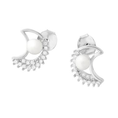 Orecchini Luna con Perla Bianca e Cubic Zirconia Bianchi in ARGENTO 925 Galvanica Rodio