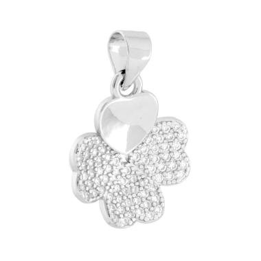 Ciondolo Quadrifoglio con Cuore e Cubic Zirconia Bianchi in ARGENTO 925 Galvanica Rodio