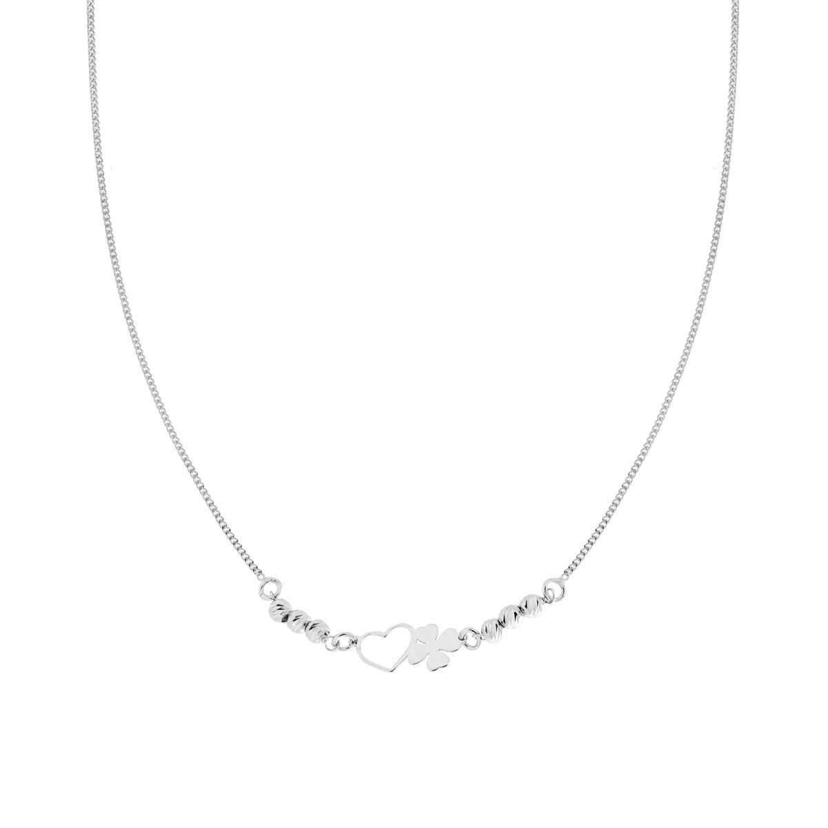 Collana Catena Grumetta e Palline Diamantate con Cuore e Quadrifoglio in ARGENTO 925 Galvanica Rodio