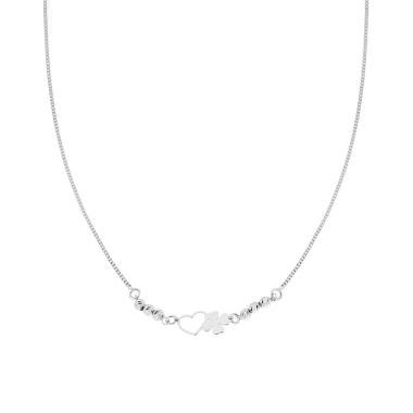 Collana Catena Grumetta e Palline Diamantate con Cuore e Quadrifoglio in ARGENTO 925 Galvanica Rodio