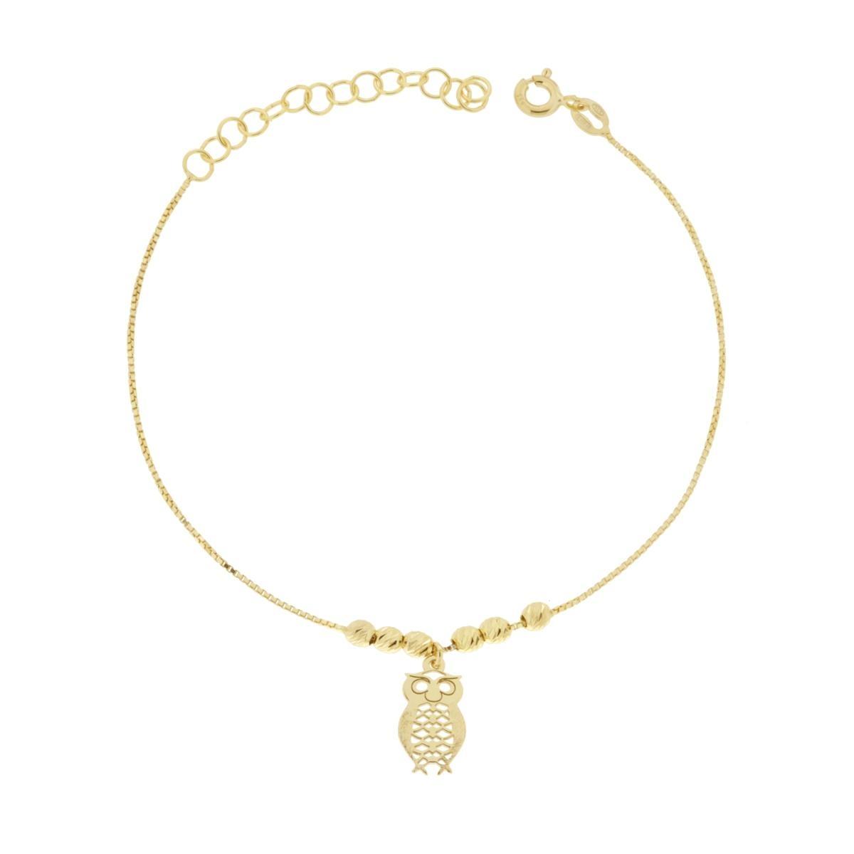 Bracciale Catena Veneziana e Palline Diamantate con Gufo in ARGENTO 925 Galvanica Oro