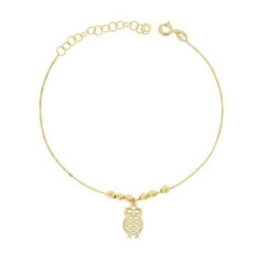 Bracciale Catena Veneziana e Palline Diamantate con Gufo in ARGENTO 925 Galvanica Oro