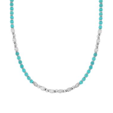 Collana Catena con Palline Sfaccettate Pietra Turchese e Cubetti in ACCIAIO