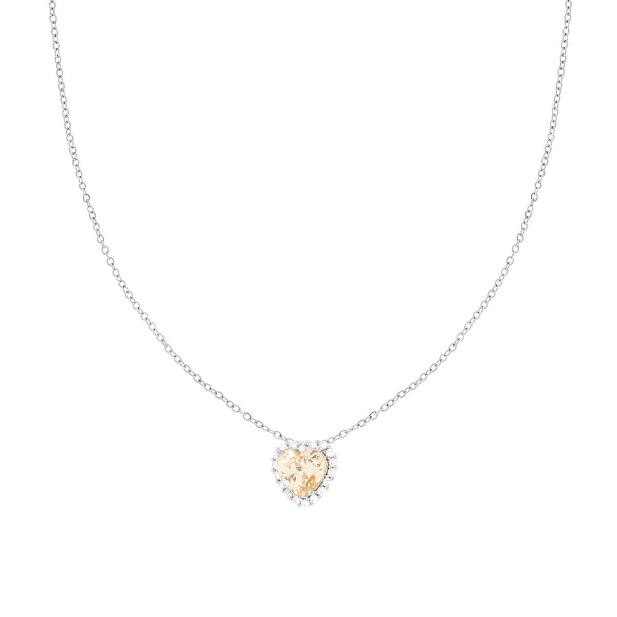 Collana Catena Forzatina Diamantata con Cuore Champagne contornato da Crystal Bianchi in ACCIAIO e OTTONE
