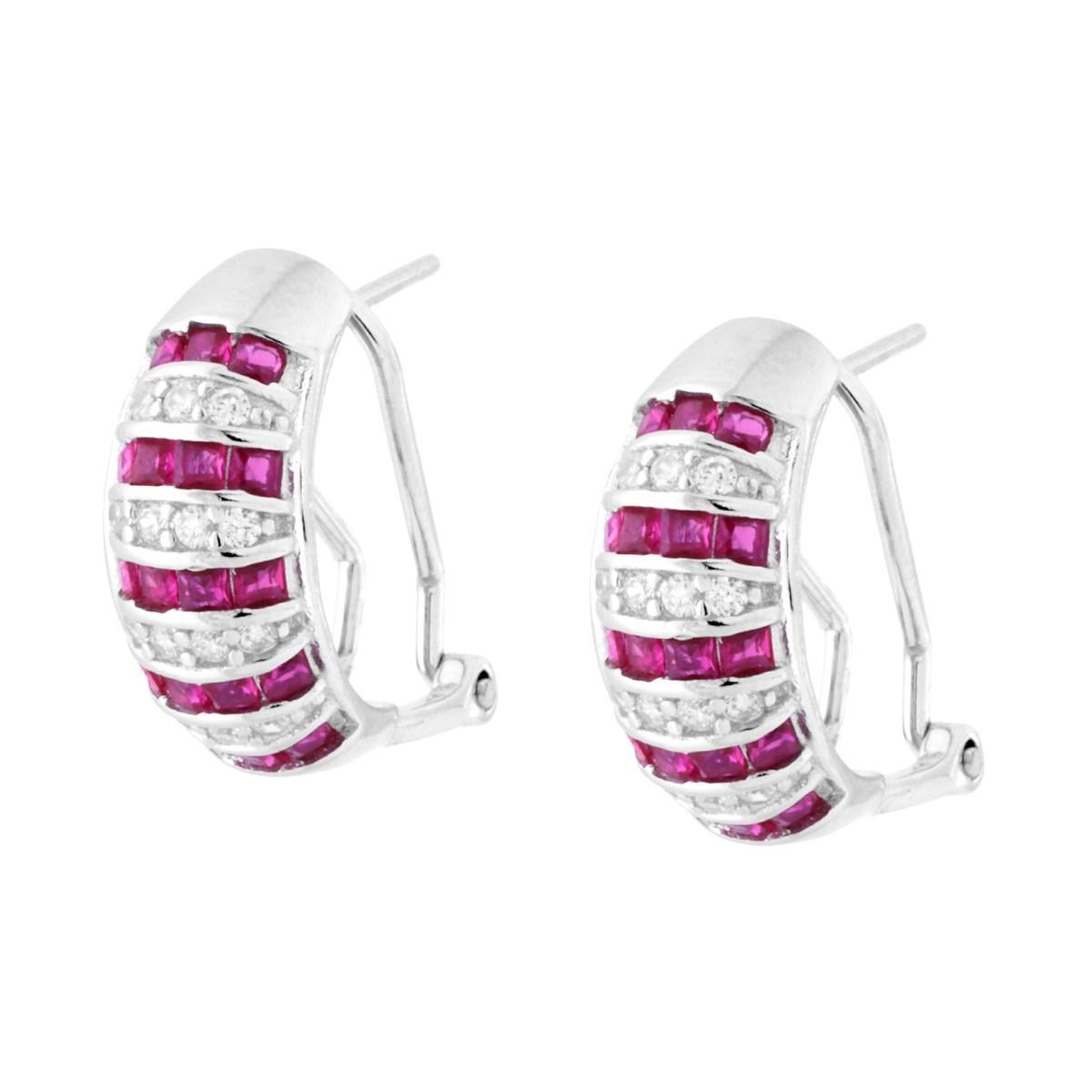 Orecchini Semicerchio con Cubic Zirconia alternati Rosso Rubino e Bianchi in ARGENTO 925 Galvanica Rodio