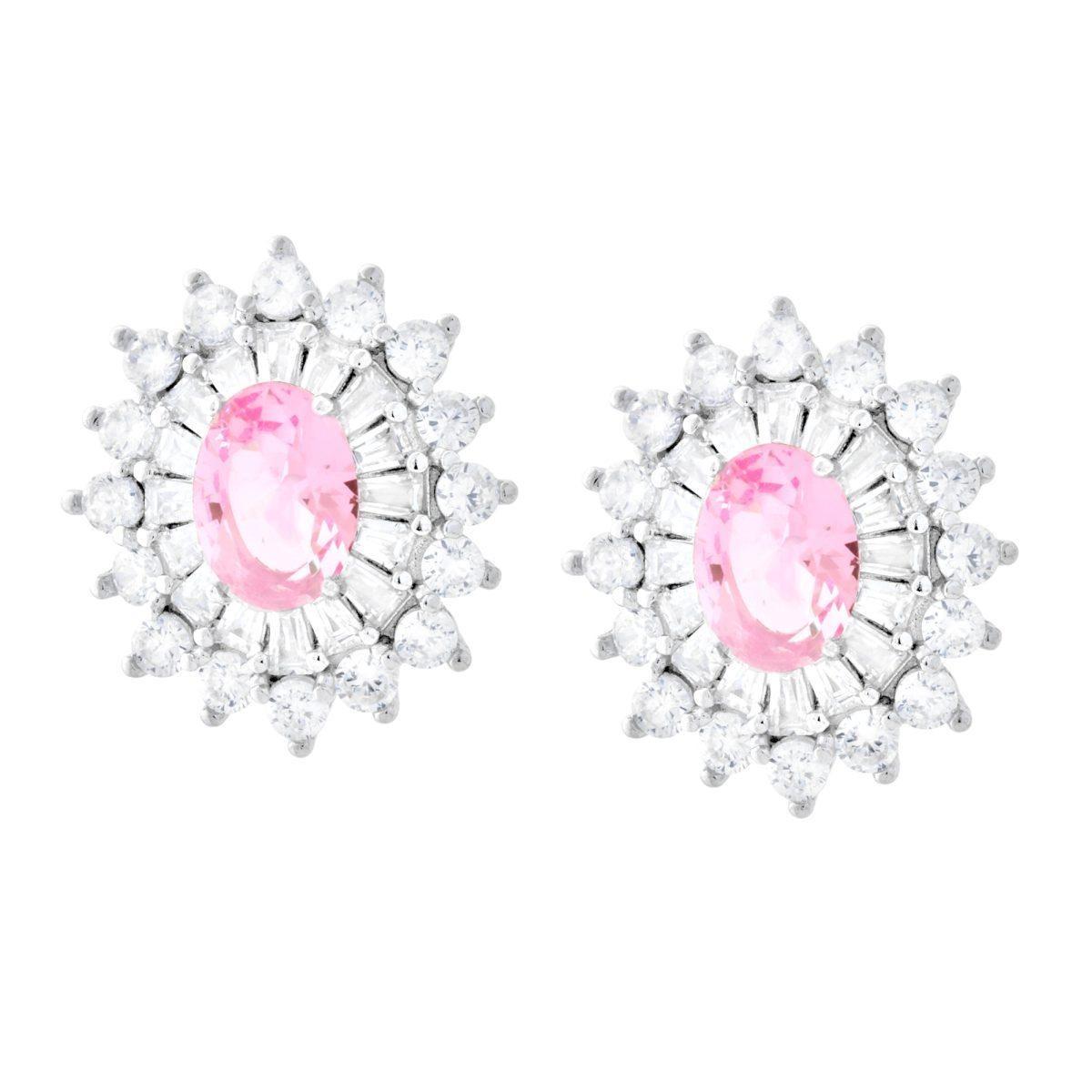 Orecchini Ovale Rosa contornato da Cubic Zirconia Trapezio Bianchi in ARGENTO 925 Galvanica Rodio