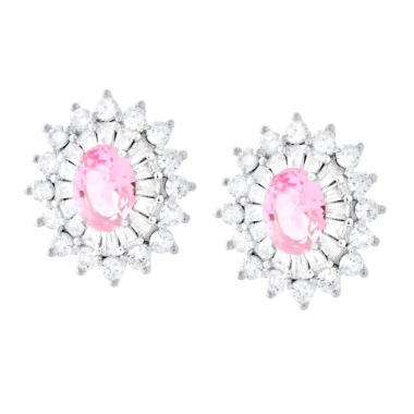 Orecchini Ovale Rosa contornato da Cubic Zirconia Trapezio Bianchi in ARGENTO 925 Galvanica Rodio