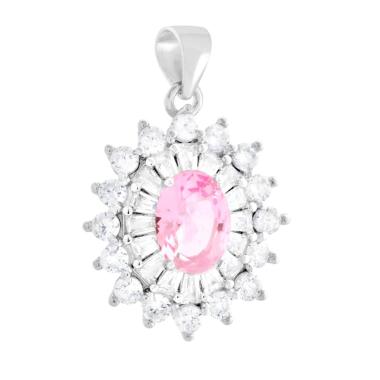 Ciondolo Ovale Rosa contornato da Cubic Zirconia Trapezio Bianchi in ARGENTO 925 Galvanica Rodio