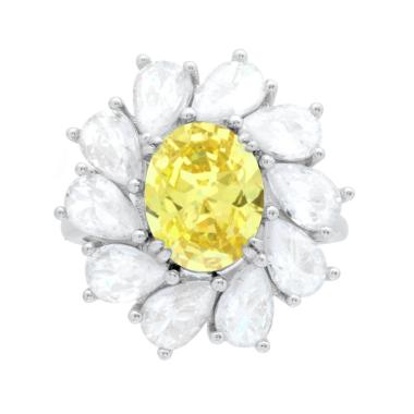 Anello Ovale Topazio Giallo contornato da gocce Cubic Zirconia Bianchi in ARGENTO 925 Galvanica Rodio