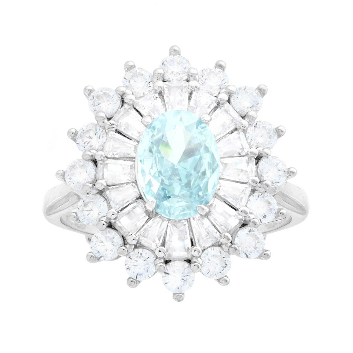 Anello Ovale Acquamarina contornato da Cubic Zirconia Trapezio Bianchi in ARGENTO 925 Galvanica Rodio