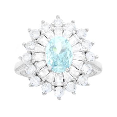 Anello Ovale Acquamarina contornato da Cubic Zirconia Trapezio Bianchi in ARGENTO 925 Galvanica Rodio
