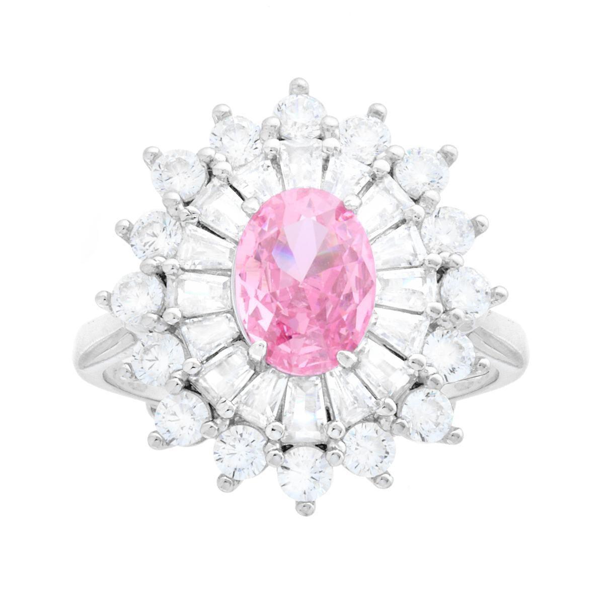 Anello Ovale Rosa contornato da Cubic Zirconia Trapezio Bianchi in ARGENTO 925 Galvanica Rodio