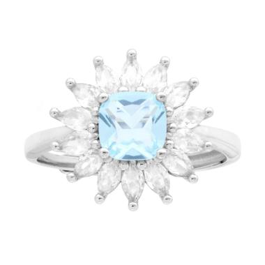 Anello Solitario Quadrato Cushion Acquamarina contornato da Cubic Zirconia Marquise Bianchi in ARGENTO 925 Galvanica Rodio