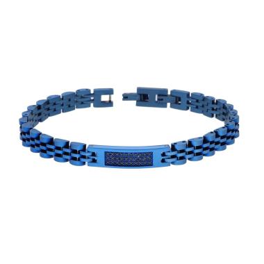 Bracciale Uomo Catena Imperniata con Targa e Crystal Neri in ACCIAIO colore Blu