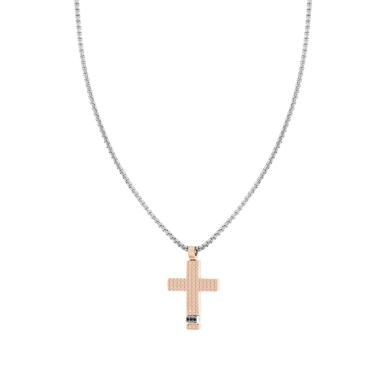Collana Uomo Catena Veneziana Tonda con Croce Quadrettata Rosa con Crystal Neri in ACCIAIO