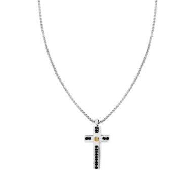 Collana Uomo Catena Veneziana Tonda con Croce con Crystal Neri in ACCIAIO
