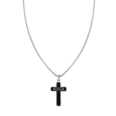Collana Uomo Catena Veneziana Tonda con Croce Nera con Crystal Neri in ACCIAIO