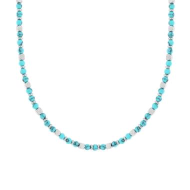 Collana Catena con Palline Pietra Turchese e Cubetti in ACCIAIO