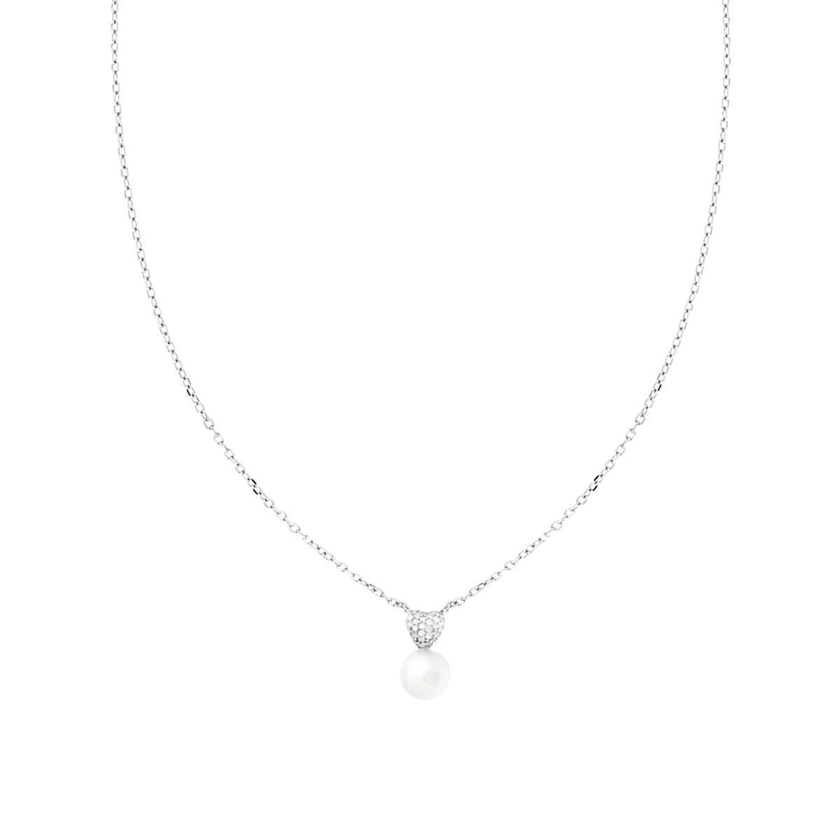 Collana Catena Forzatina Diamantata con Perla e Cuore con Cubic Zirconia Bianchi in ARGENTO 925 Galvanica Rodio
