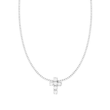 Collana Tennis con Croce centrale e Cubic Zirconia Bianchi in ARGENTO 925 Galvanica Rodio