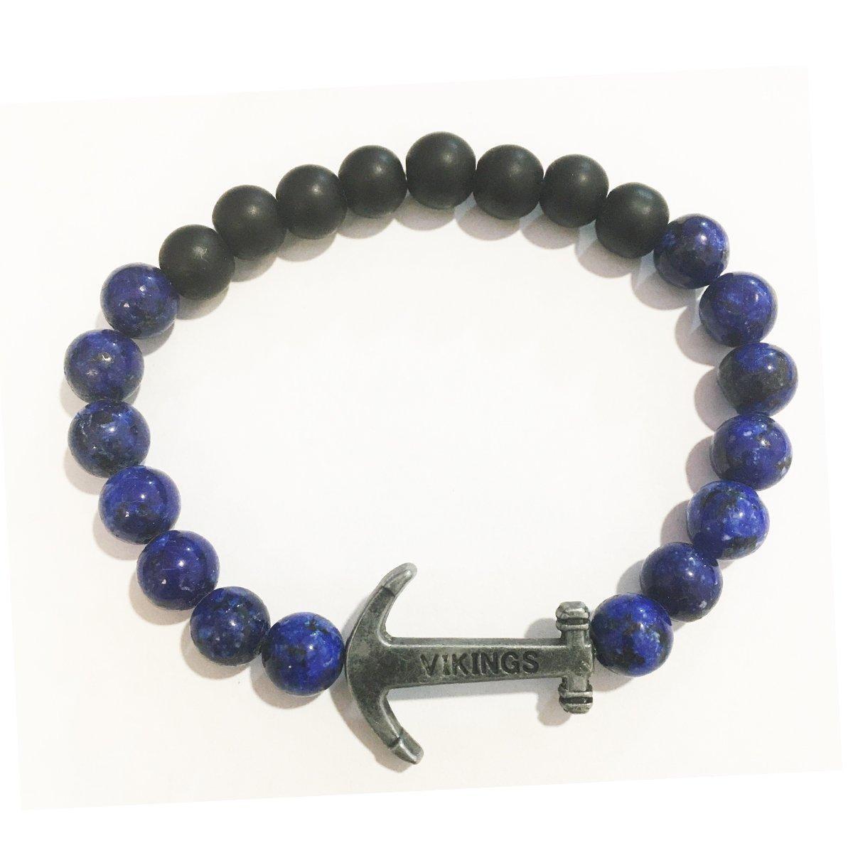 Bracciale di pietre nere e blu con elastico simbolo ancora