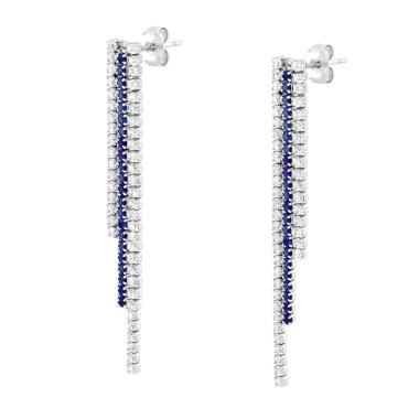Orecchini tre fili Tennis Cubic Zirconia Blu Zaffiro e Bianchi in ARGENTO 925 Galvanica Rodio