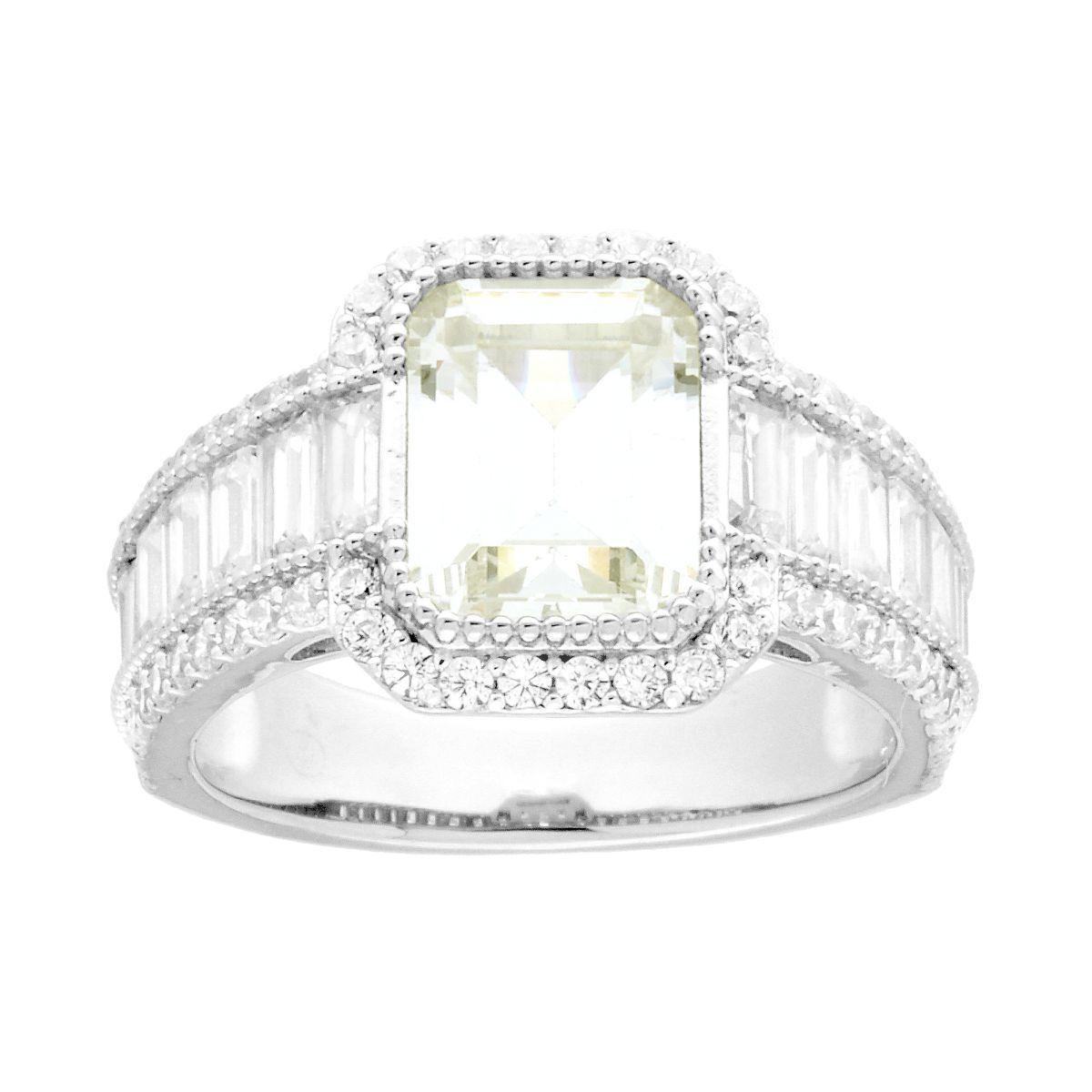 Anello Solitario Quadrato Quarzo Citrino con Cubic Zirconia e Baguette Bianchi in ARGENTO 925 Galvanica Rodio