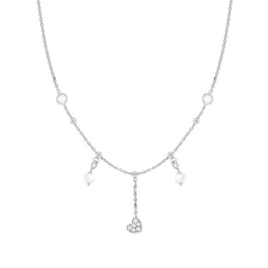 Collana Catena Forzatina Diamantata con Perle Cuore e Cubic Zirconia Bianchi in ARGENTO 925 Galvanica Rodio