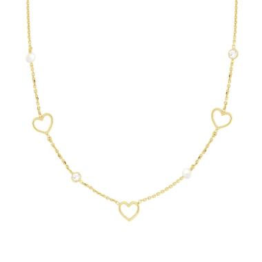 Collana Catena Forzatina Diamantata con Perle Cuori e Cubic Zirconia Bianchi in ARGENTO 925 Galvanica Oro