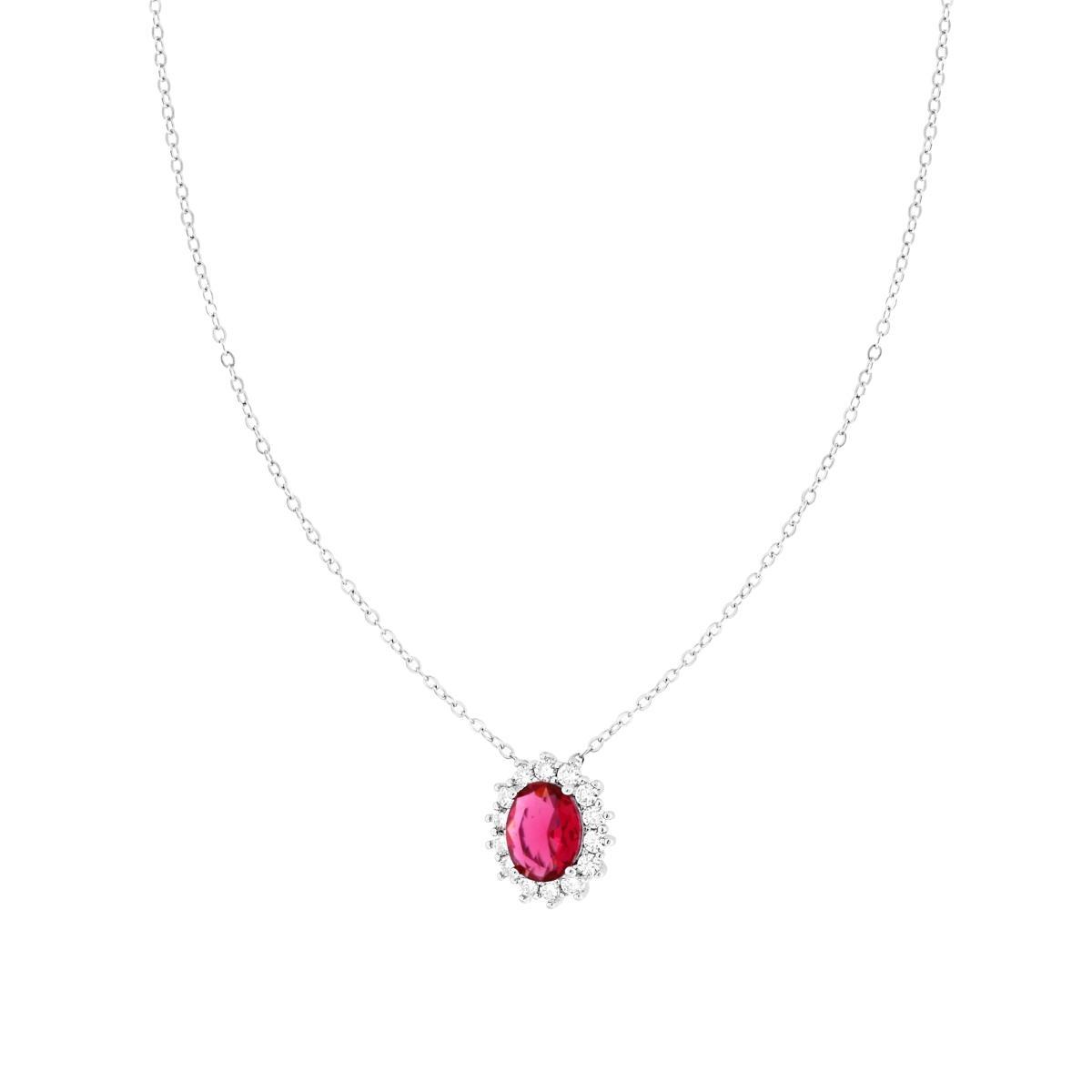 Collana Catena Forzatina Diamantata con Ovale Rosso Rubino contornato da Cubic Zirconia Bianchi in ARGENTO 925 Galvanica Rodio