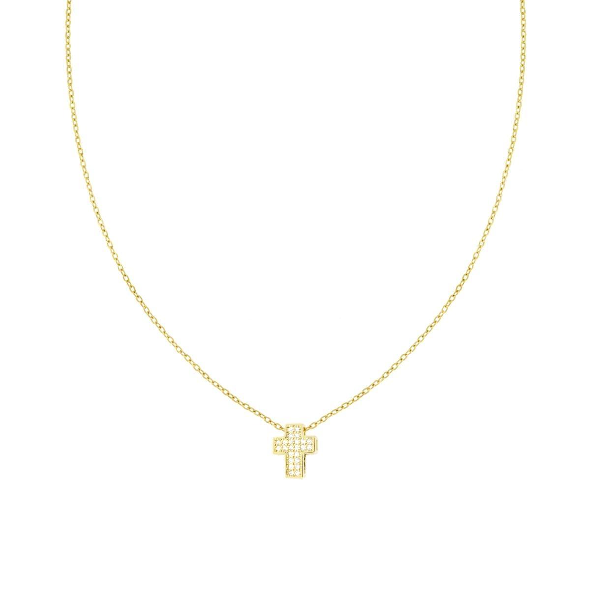 Collana Catena Forzatina Diamantata con Croce e Crystal Bianchi in ACCIAIO e OTTONE colore Oro