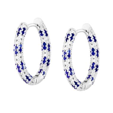Orecchini Cerchio Creola con Cubic Zirconia Blu Zaffiro e Bianchi in ARGENTO 925 Galvanica Rodio