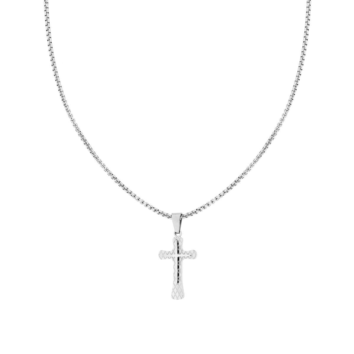 Collana Catena Veneziana Tonda con Croce con decoro Geometrico sormontata da Croce lucida in ACCIAIO