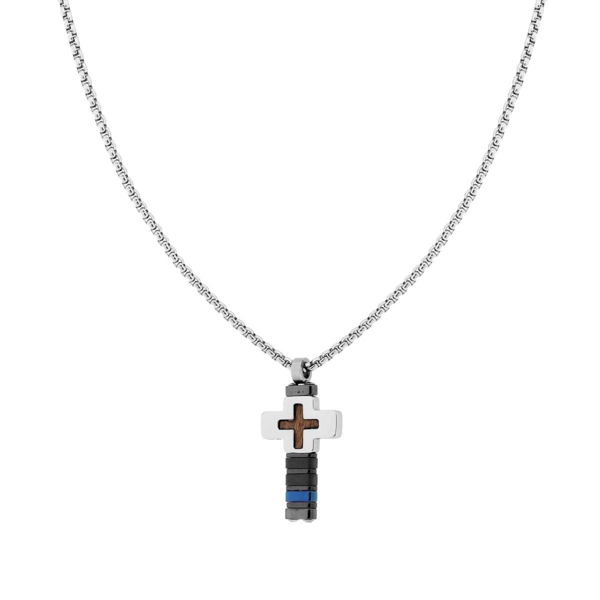 Collana Catena Veneziana Tonda con Croce con Dettagli colore Grigio e Blu e Inserto in Legno in ACCIAIO