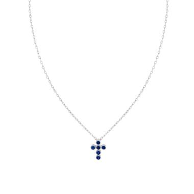 Collana Catena Forzatina Diamantata con Croce e Cubic Zirconia Blu Zaffiro in ARGENTO 925 Galvanica Rodio