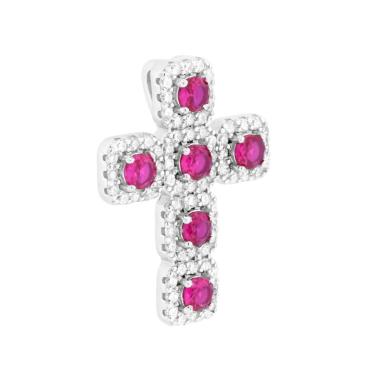 Ciondolo Croce con Cubic Zirconia Rosso Rubino e Bianchi in ARGENTO 925 Galvanica Rodio