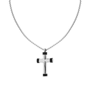 Collana Catena Veneziana Tonda e Croce con Dettaglio Nero in ACCIAIO
