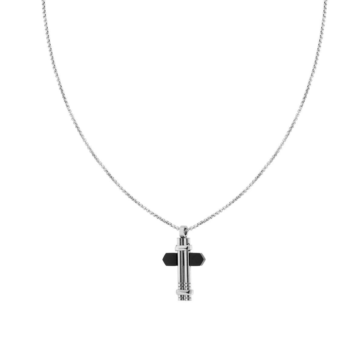 Collana Catena Veneziana Tonda e Croce con Dettaglio Nero in ACCIAIO