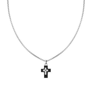 Collana Catena Veneziana Tonda e Croce in PVC Nero in ACCIAIO