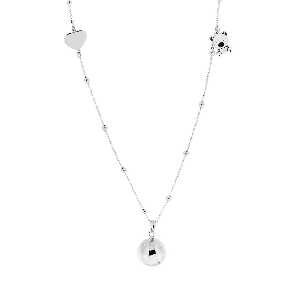 Collana Catena Forzatina Diamantata con Palline cm 90 Chiama Angeli con Cuore e Orsetto Smalto Azzurro in ACCIAIO e BRONZO