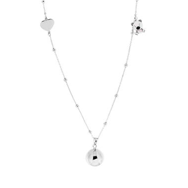 Collana Catena Forzatina Diamantata con Palline cm 90 Chiama Angeli con Cuore e Orsetto Smalto Rosa in ACCIAIO e BRONZO