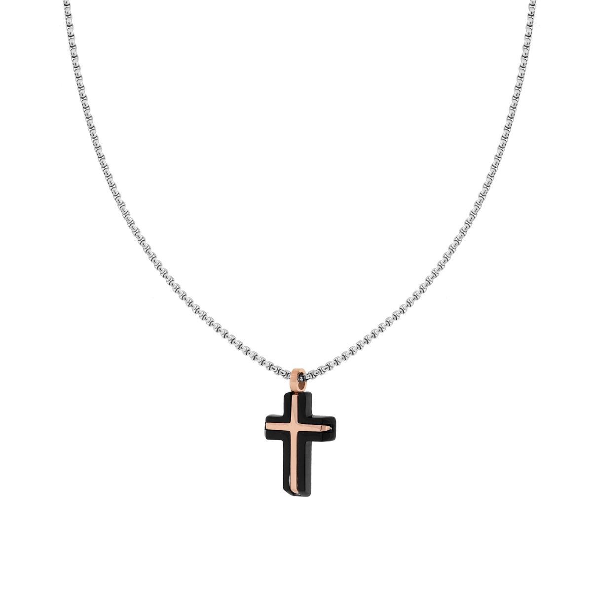 Collana Catena Veneziana Tonda con Croce Nera e Rosa in ACCIAIO