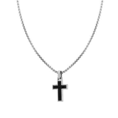 Collana Catena Veneziana Tonda con Croce Nera Rigata e Crystal Nero in ACCIAIO