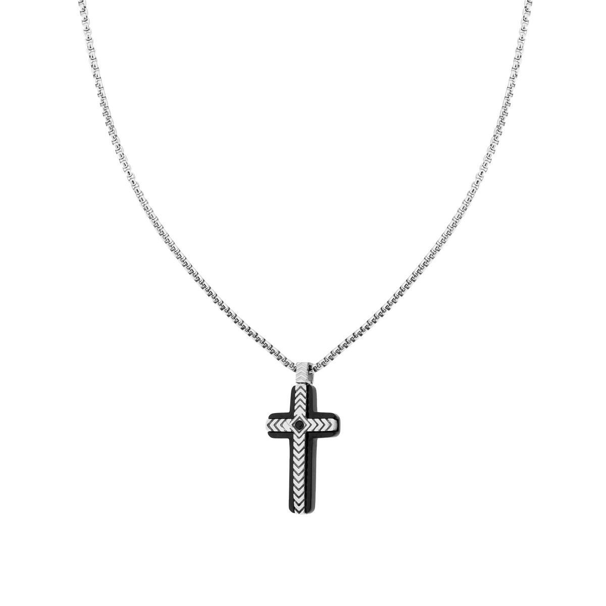 Collana Catena Veneziana Tonda con Croce Nera con Decoro Geometrico e Crystal Nero in ACCIAIO