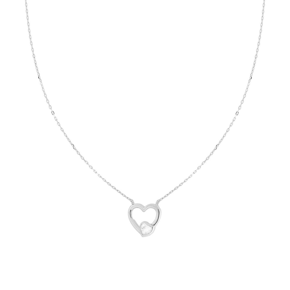 Collana Catena Forzatina Diamantata con Cuore e Cubic Zirconia Bianco in ARGENTO 925 Galvanica Rodio