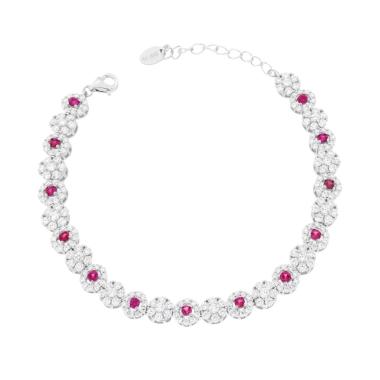 Bracciale Tennis Fiori con Cubic Zirconia Rosso Rubino e Bianchi in ARGENTO 925 Galvanica Rodio