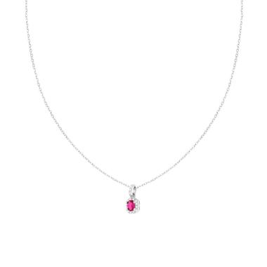 Collana Catena Forzatina Diamantata con Ovale Rosso Rubino contornato da Cubic Zirconia Bianchi in ARGENTO 925 Galvanica Rodio